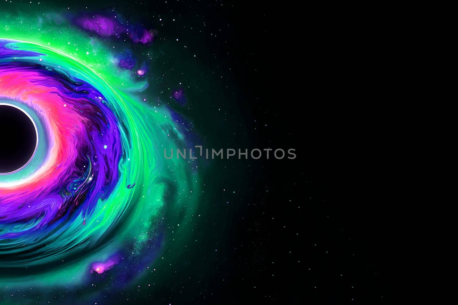 half colorful image of a black hole with a rotating accretion disk in space, copy space.