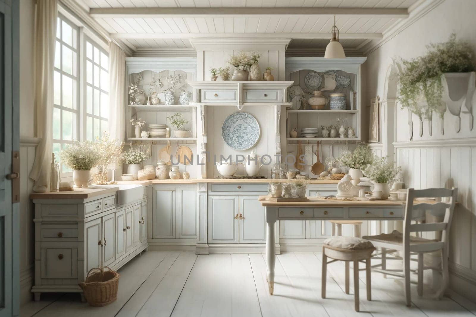 Interior of a white kitchen in Provence style.