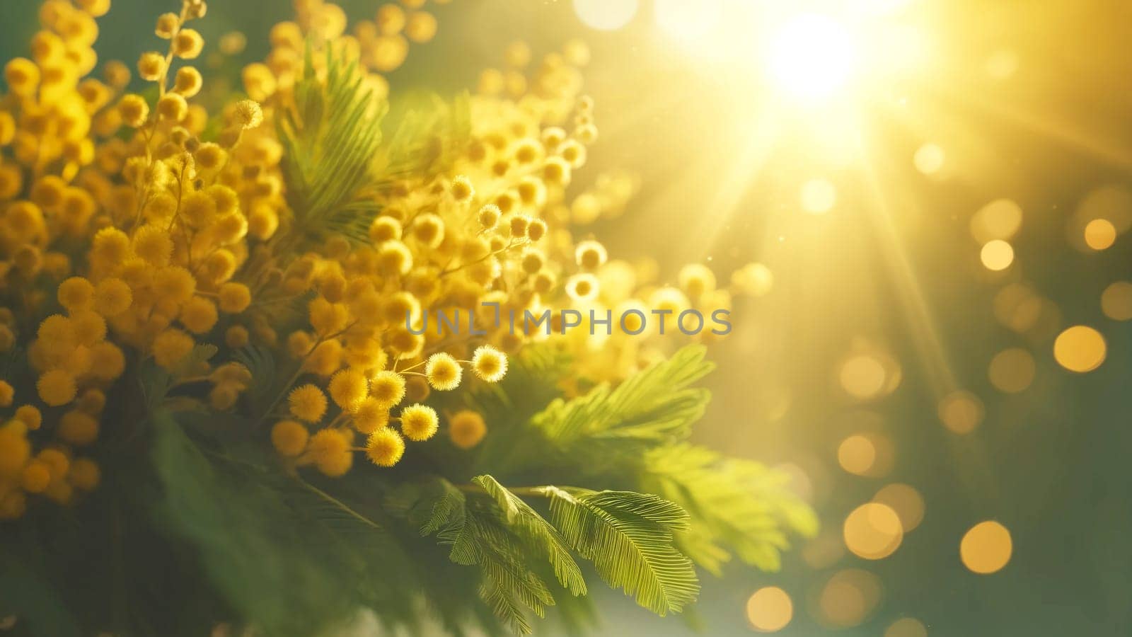 Blooming yellow mimosa in sunlight, spring background with copy space by Annado