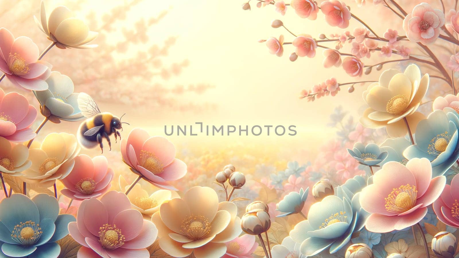 spring pastel floral background with bumblebee, copy space.