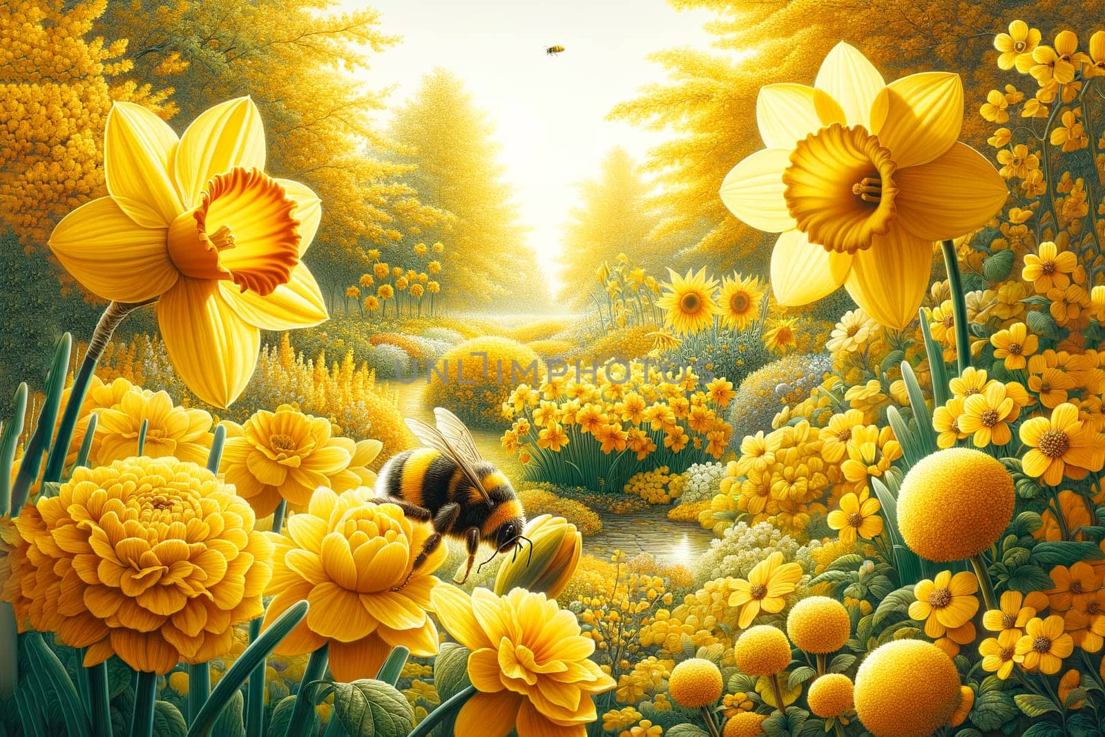 spring yellow floral background with bumblebee, copy space.