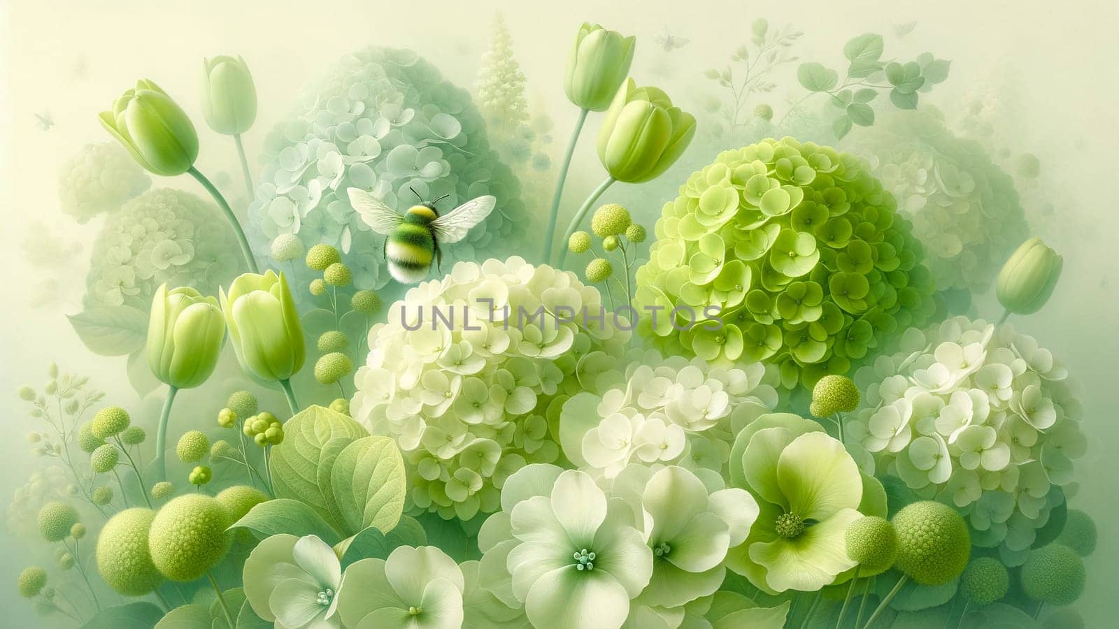 spring pastel green floral background with bumblebee.