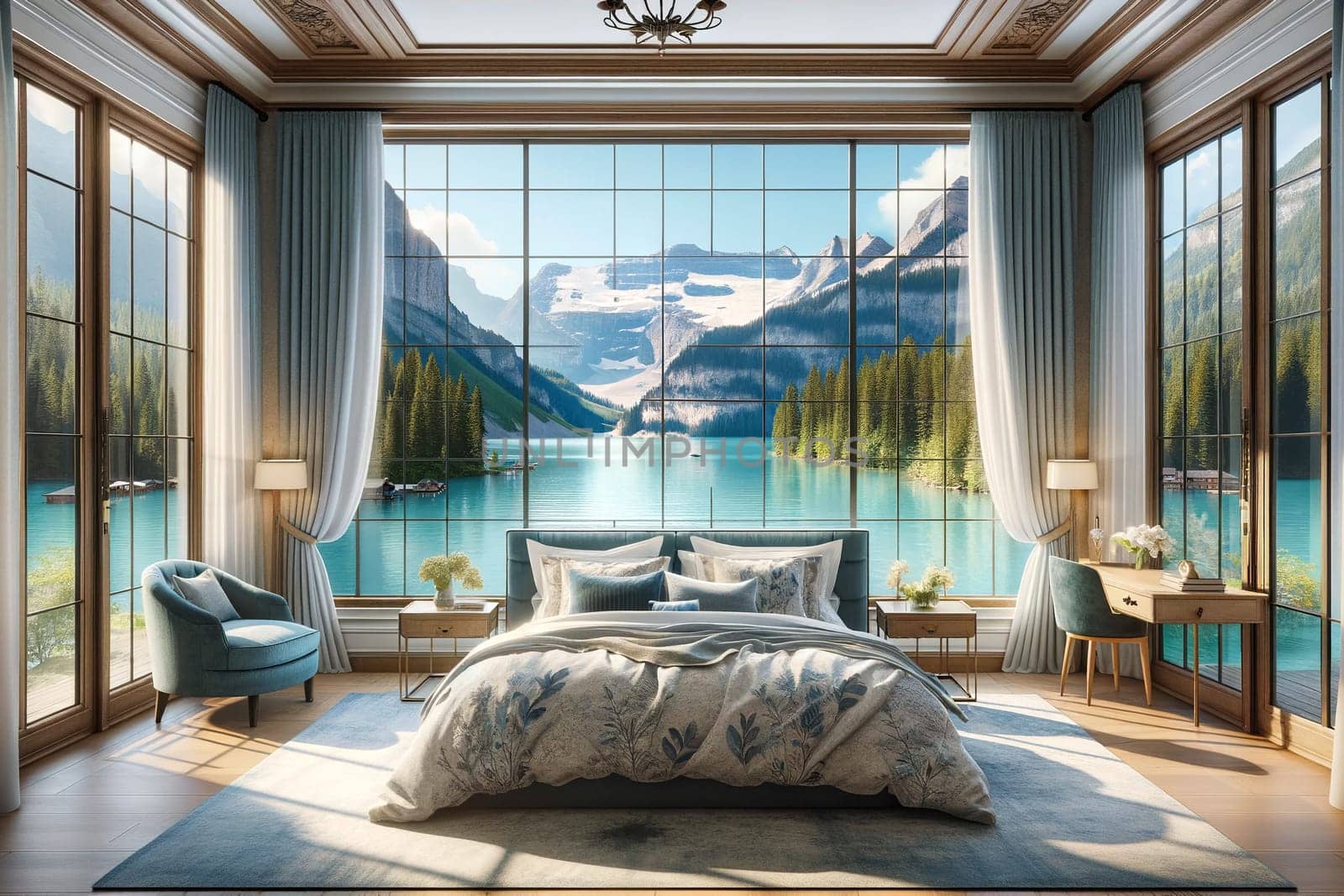Bedroom interior with glass walls and views of the mountains and lake.