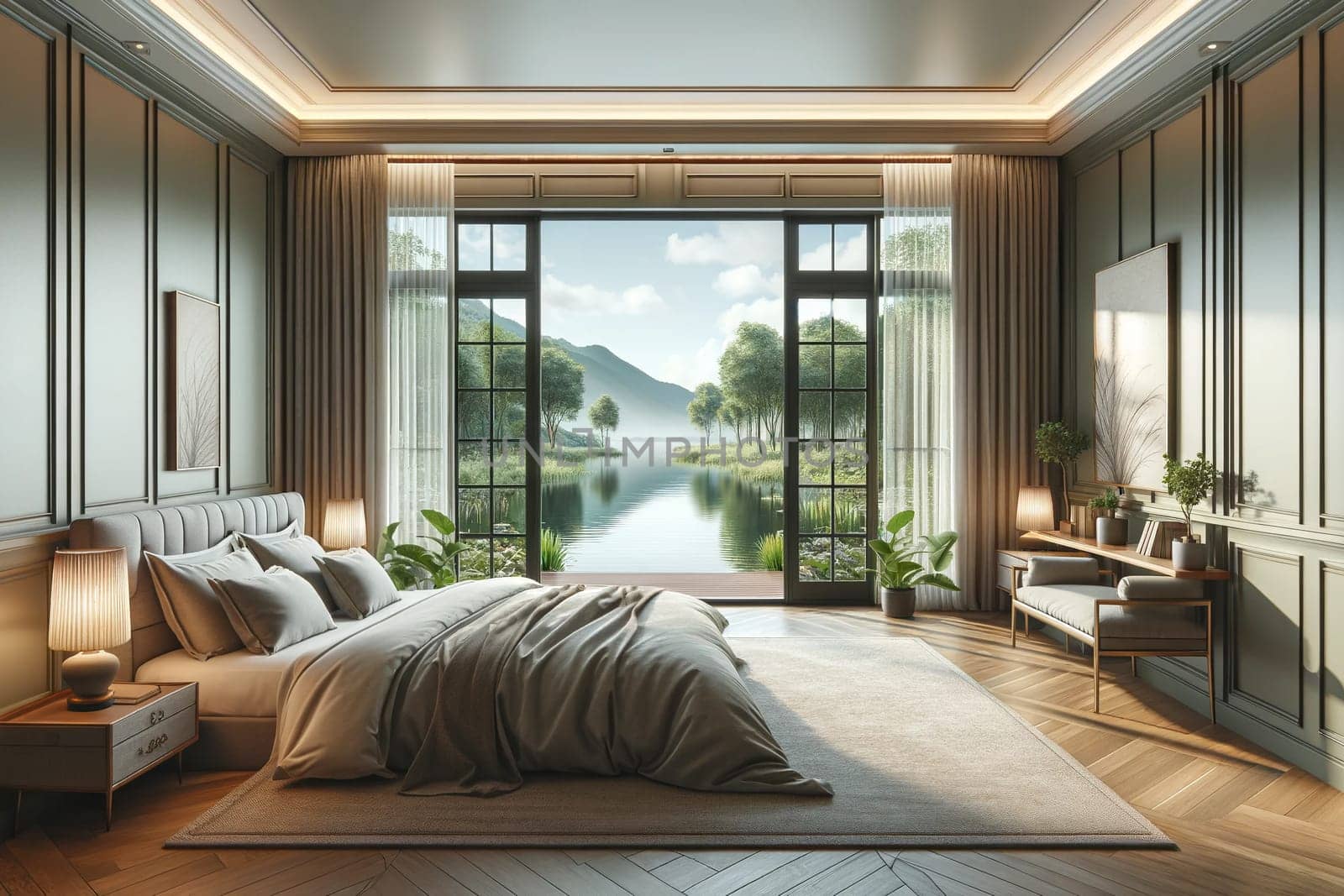 Bedroom interior with French windows from the floor and mountain views and lake by Annado