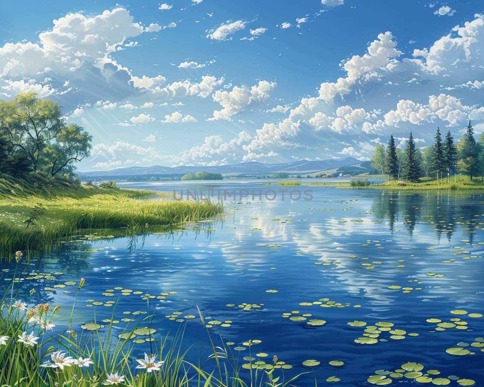Drawing of a serene lakeside view, beautifully rendered in acrylics with reflections in the water.