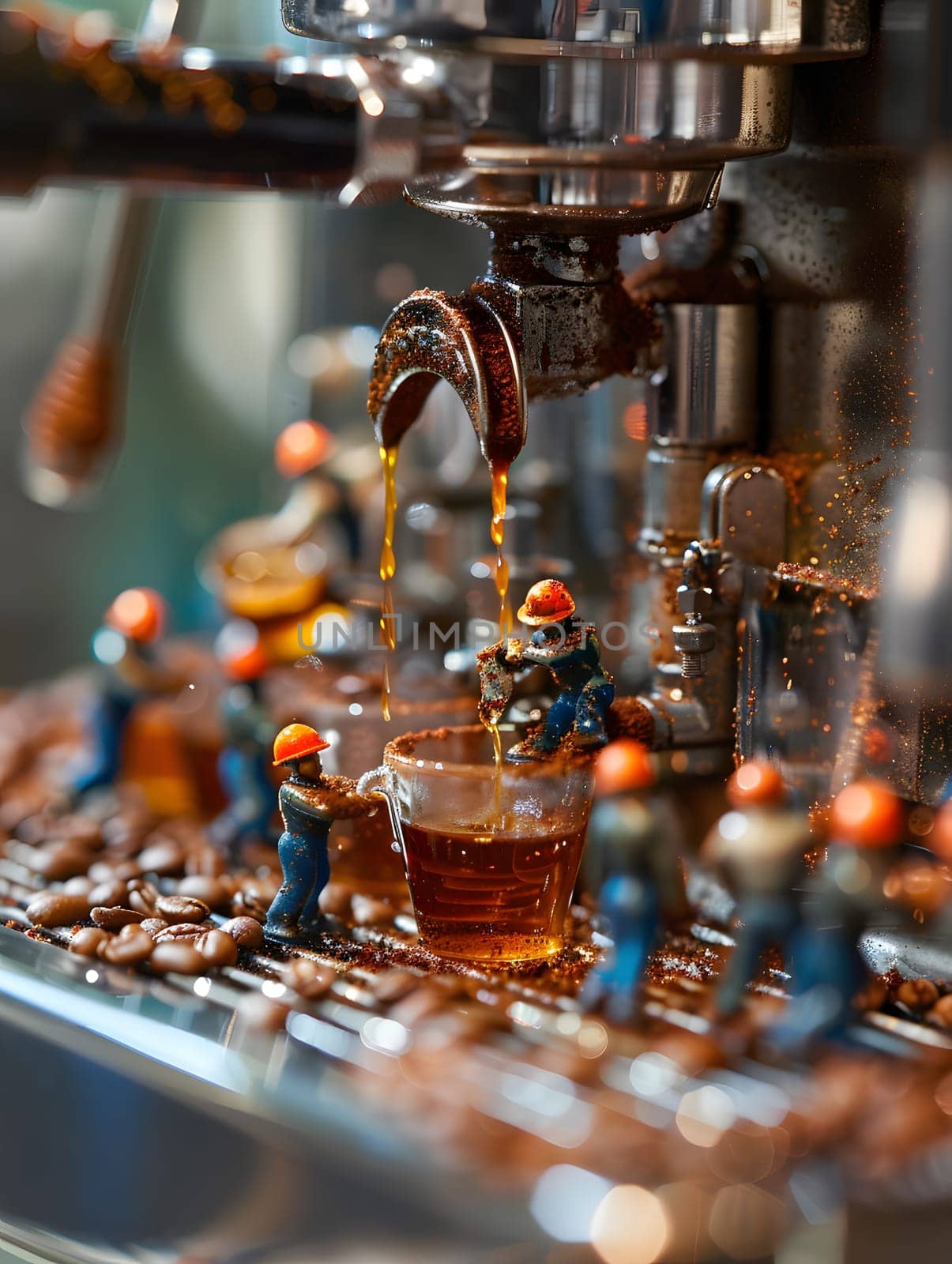 A liquid coffee is being poured from a coffee machine in a city market, surrounded by construction workers. The drinkware is made of glass and metal