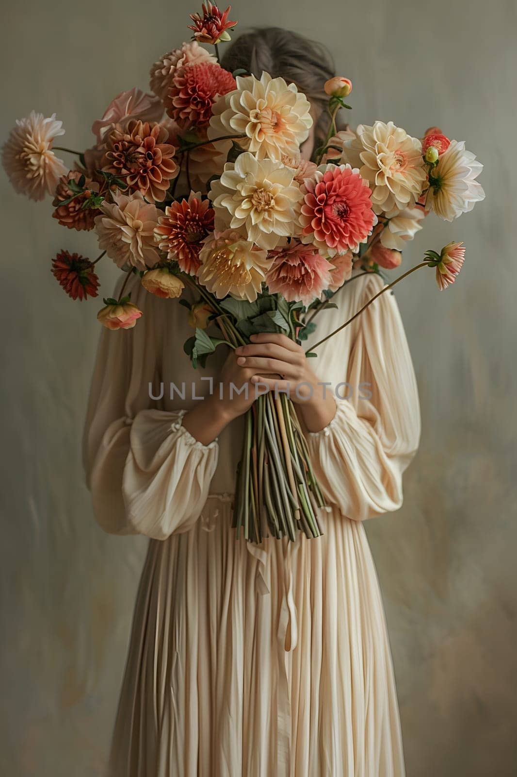 A woman in a dress creatively holding a bouquet of peach roses in front of her face, showcasing her love for flower arranging and the beauty of the rose family