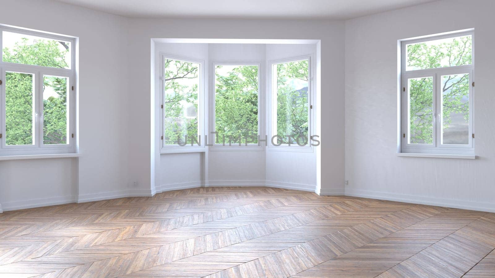 Empty room with parquet floor. 3d render design