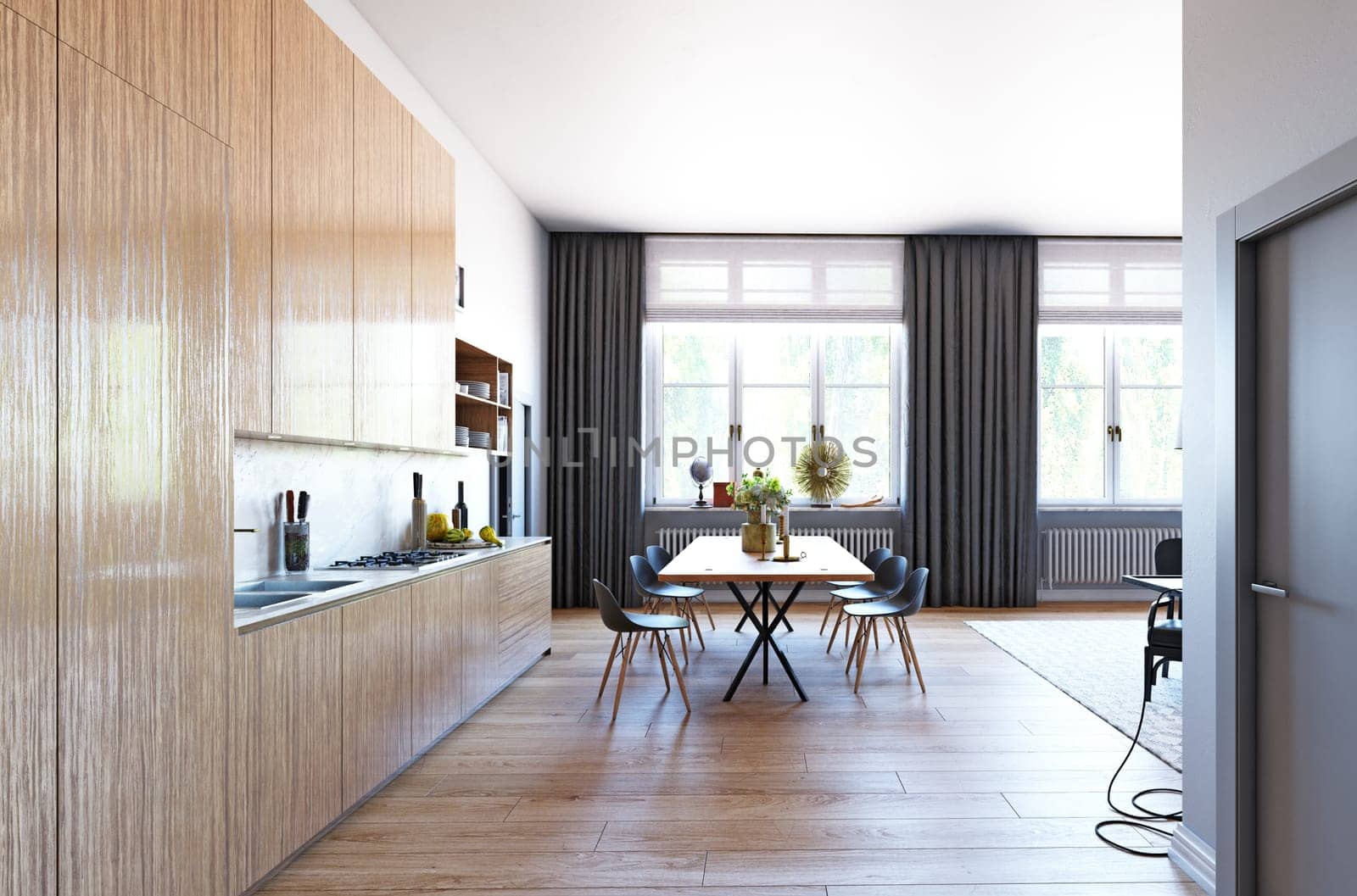 3d rendering of modern kitchen in loft style with wooden floor.