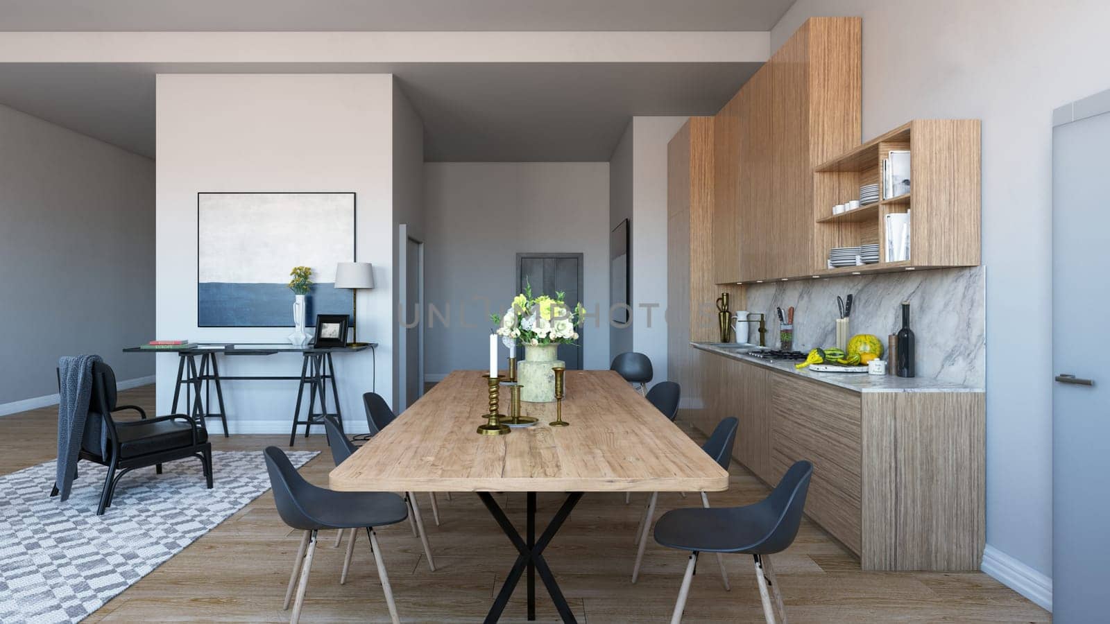 3d rendering of modern kitchen in loft style with wooden floor.