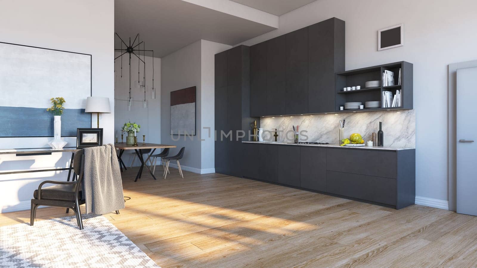 3d rendering of modern kitchen in loft style with wooden floor.