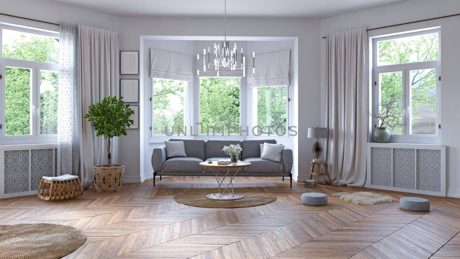 Interior of modern living room with white walls, wooden floor and gray sofa 3d render