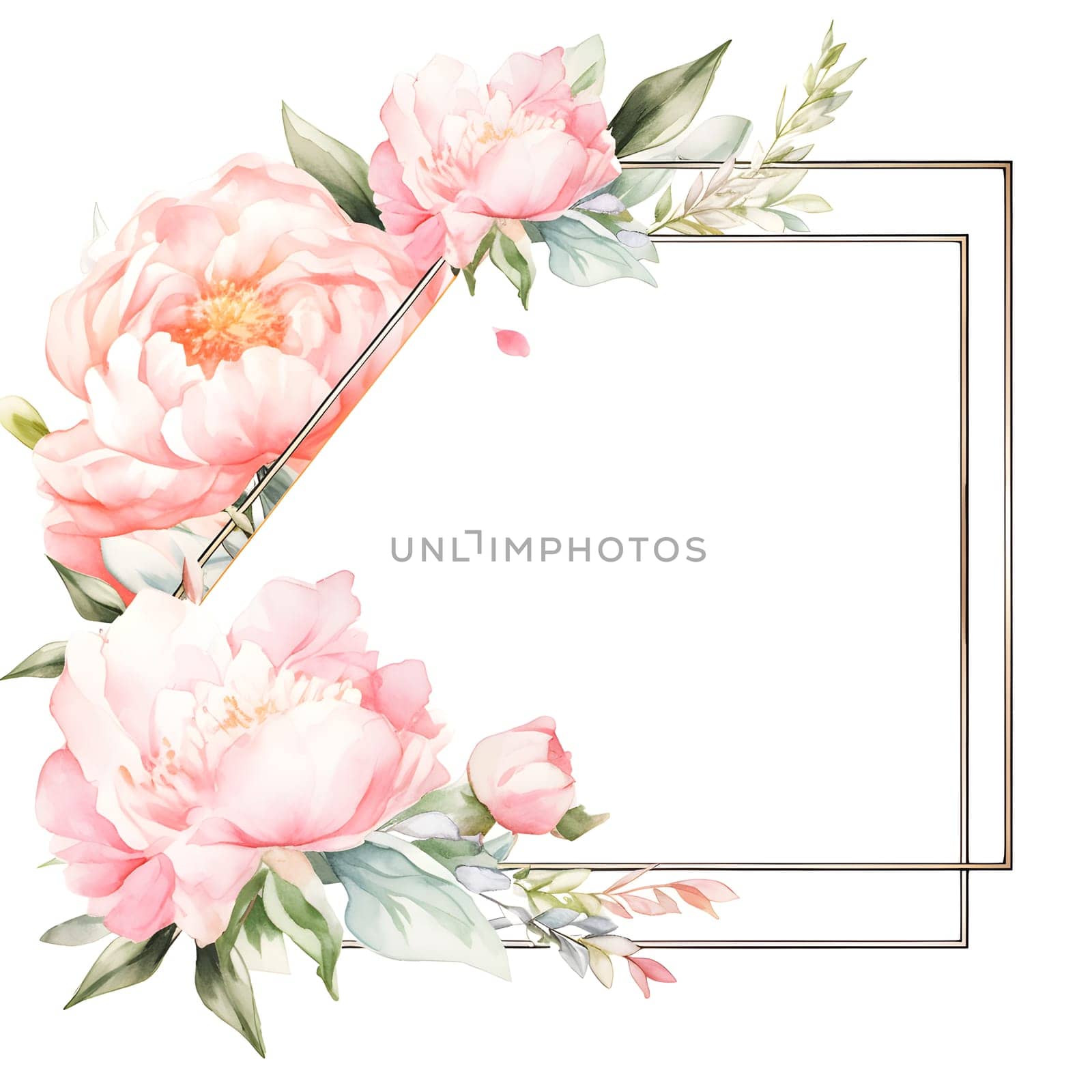 a square frame with pink flowers and green leaves on a white background by Nadtochiy