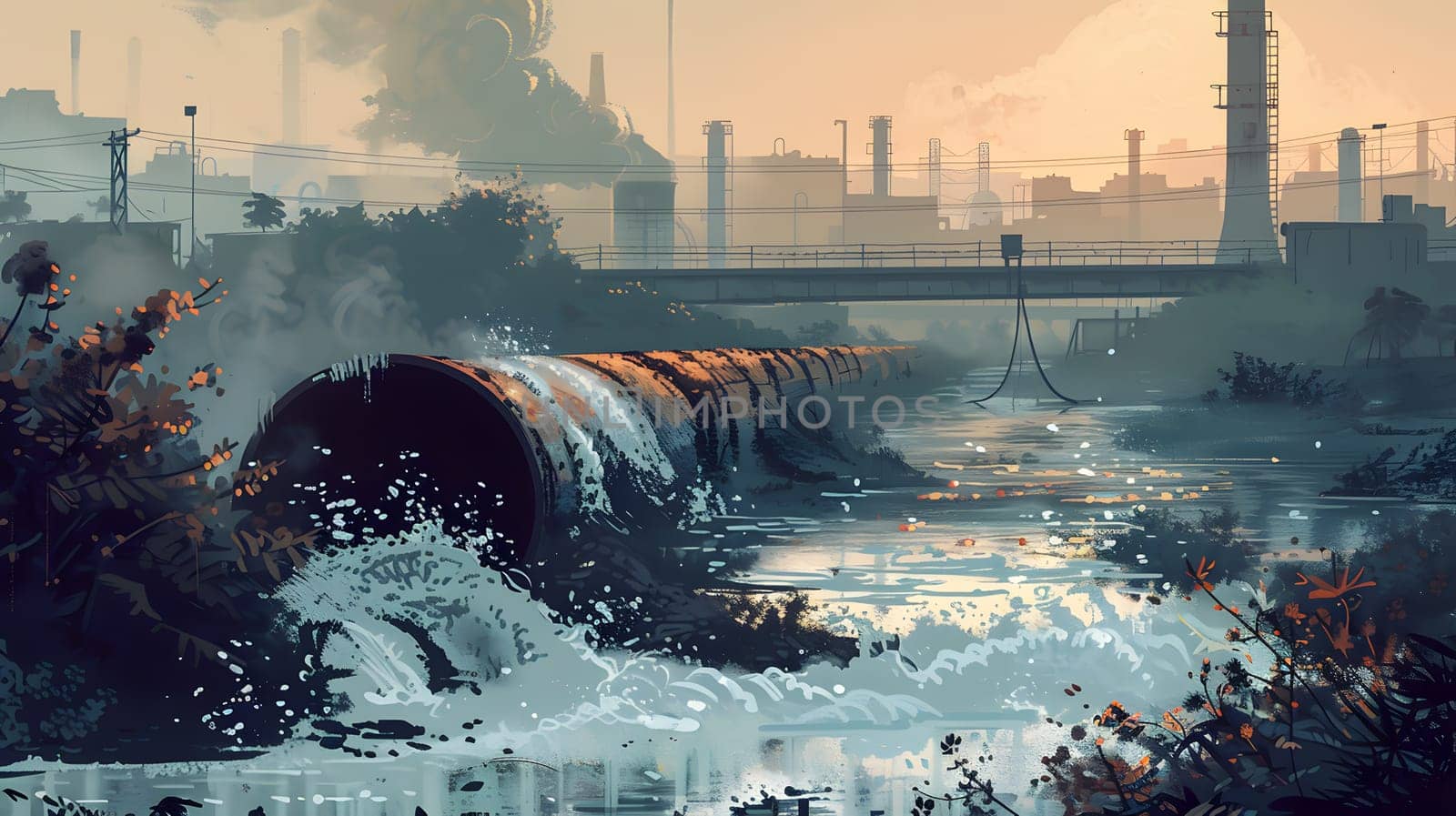 A painting of a river flowing through a pipe with a factory in the background by Nadtochiy