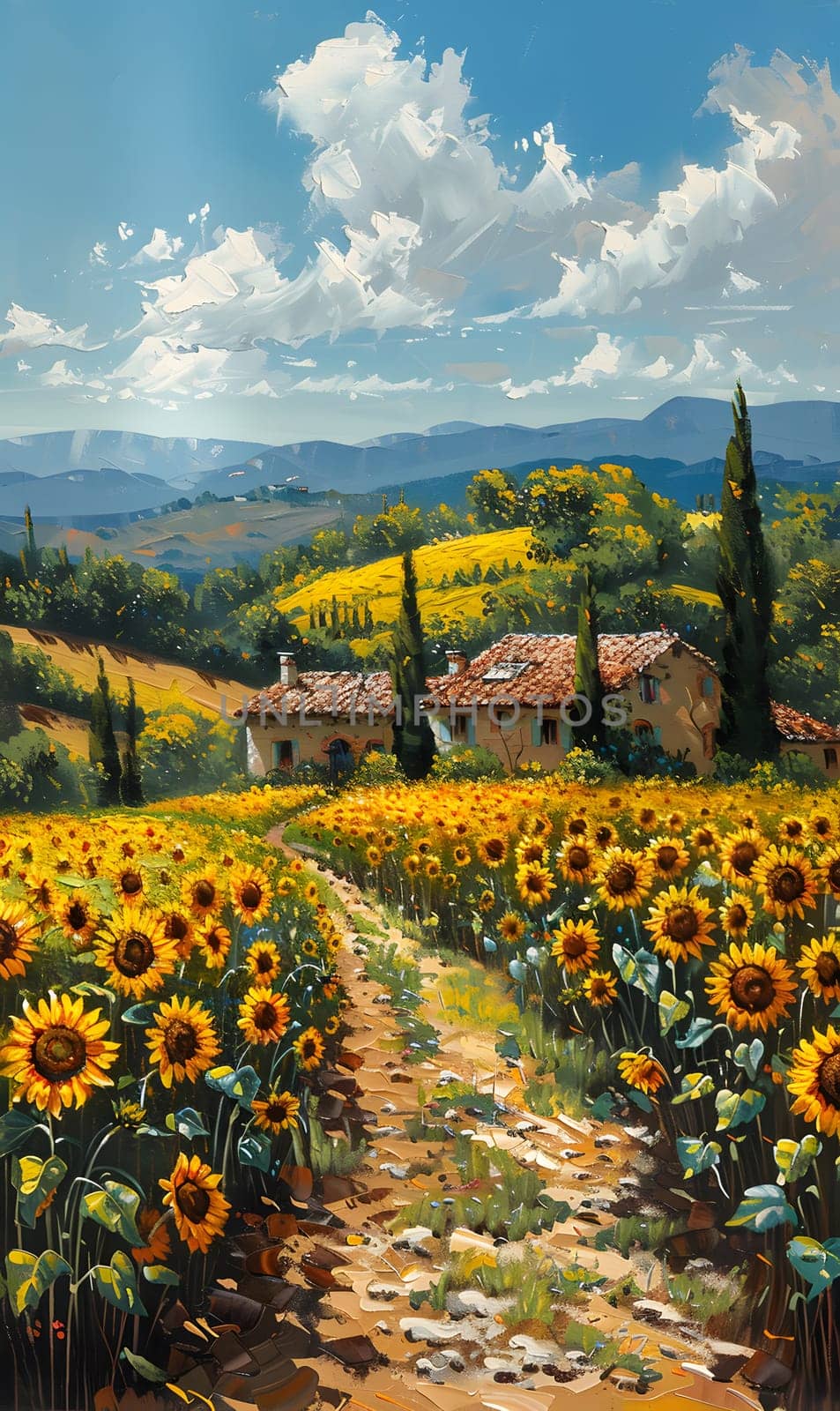 A vibrant painting featuring a field of sunflowers with charming houses in the background against a backdrop of a clear blue sky and fluffy white clouds, enhancing the natural beauty of the landscape