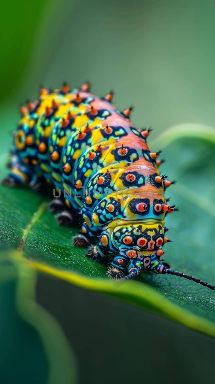 A multicolored spiky caterpillar perched on the edge of a leaf, captured in a natural macro environment