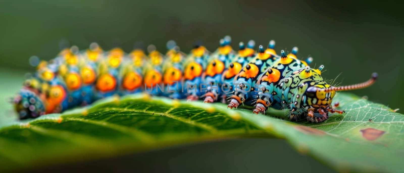 Panoramic view of a colorful caterpillar with detailed markings, crawling on a lush green leaf. by sfinks