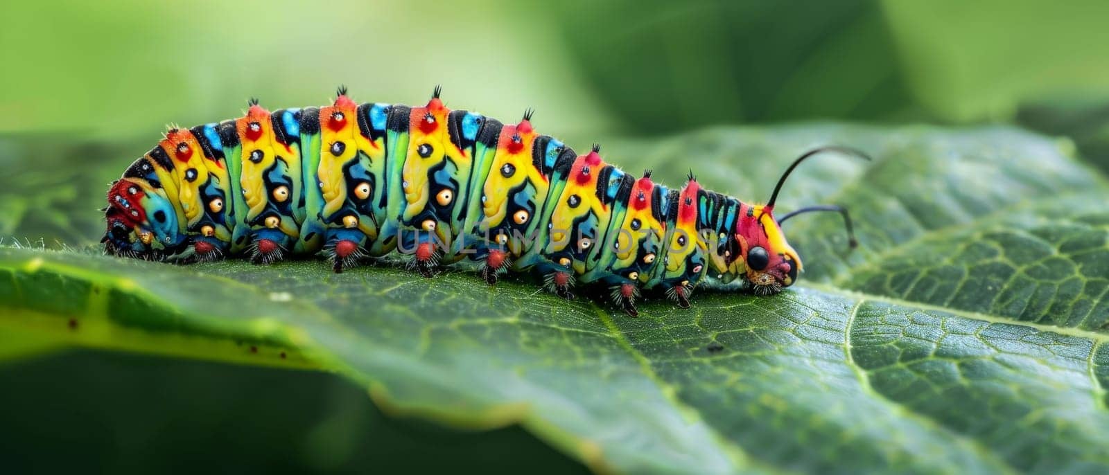 A vivid caterpillar adorned with colorful spots and stripes in a natural setting, a macro photographer's delight
