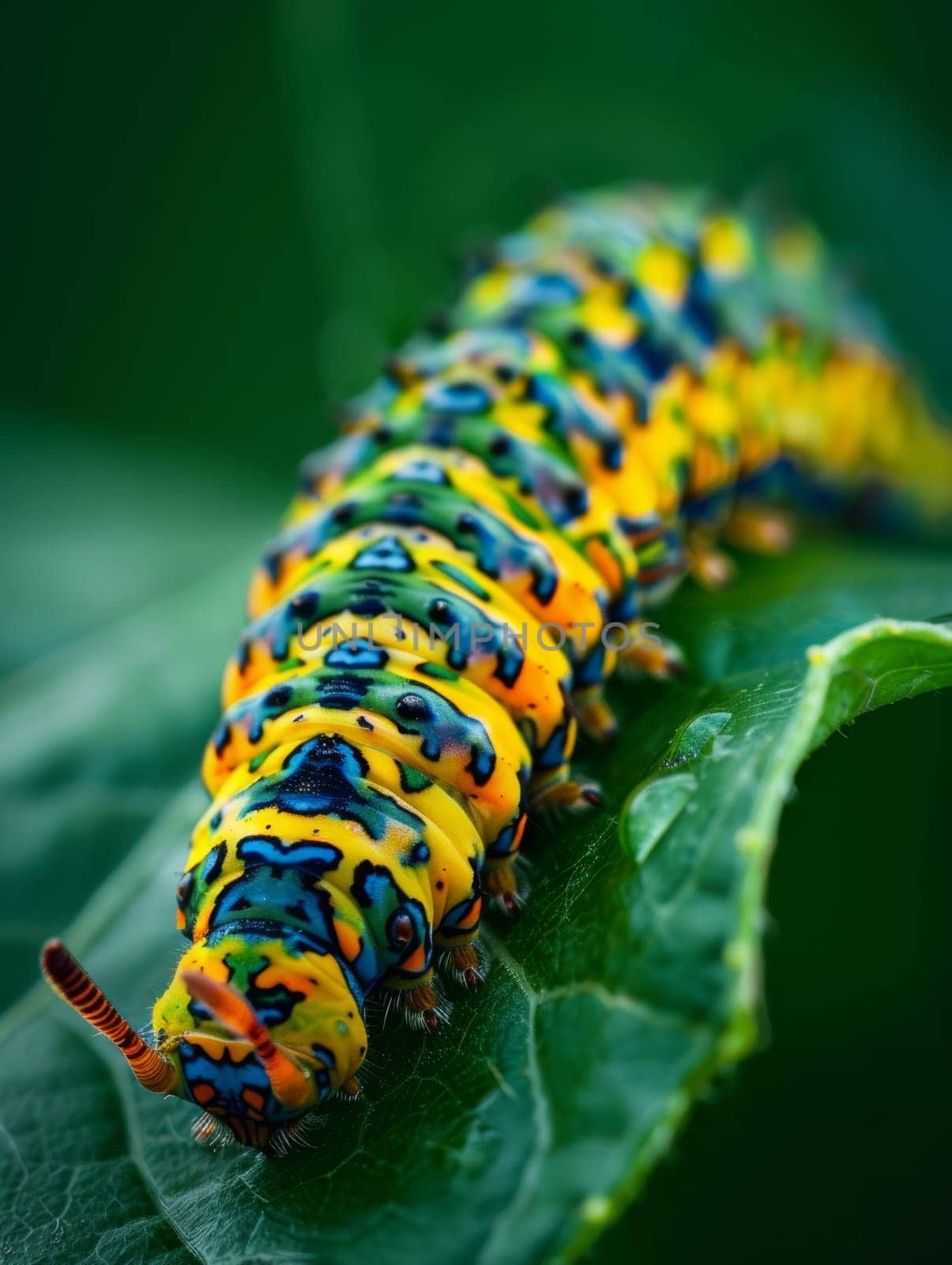 A colorful caterpillar with striking patterns crawls along a lush green leaf, showcasing the remarkable diversity of nature's creatures