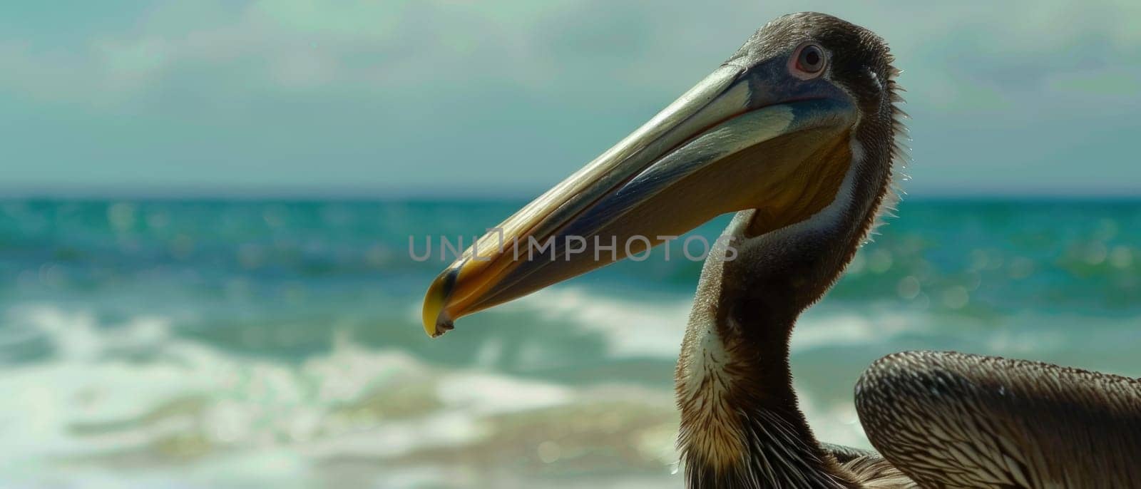 Profile view of a brown pelican with its prominent bill against a blurred ocean backdrop. by sfinks