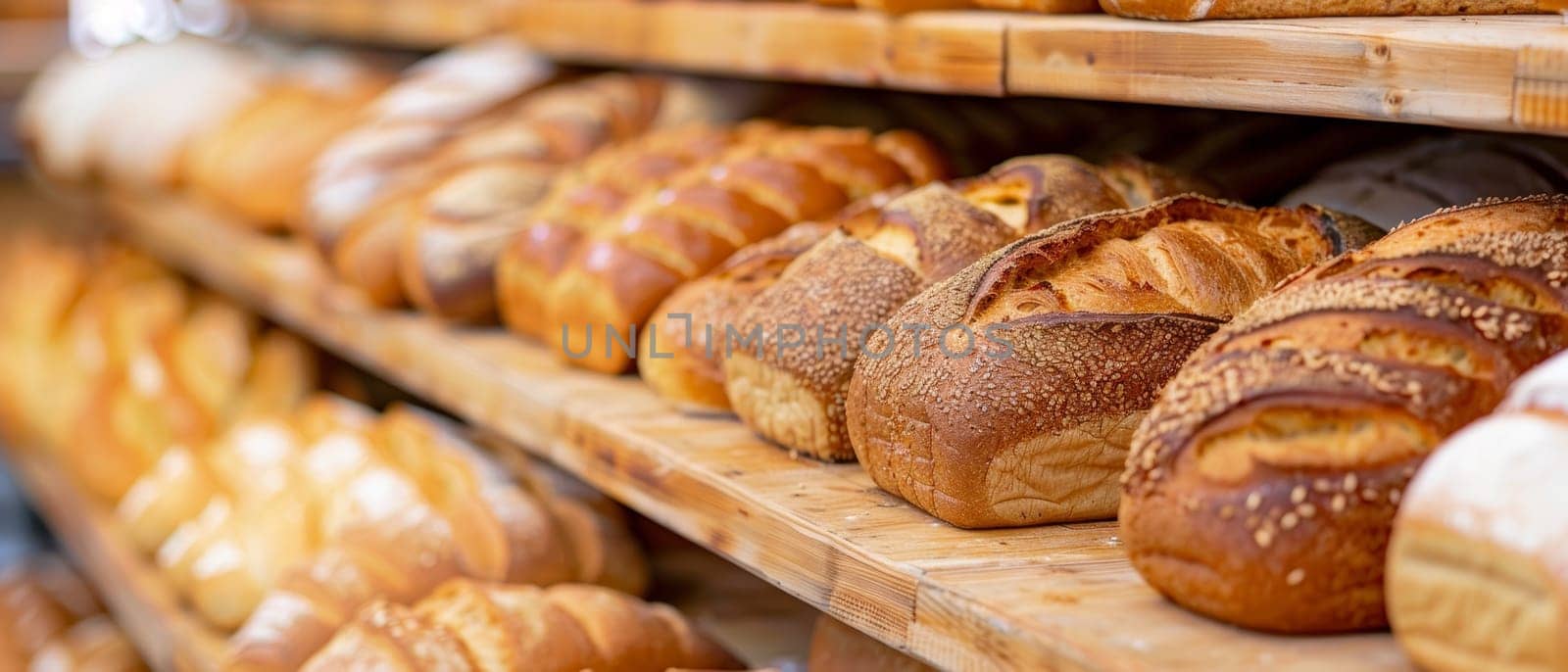 Close-up of a gourmet bread collection on wooden bakery shelves, featuring a variety of crusty loaves