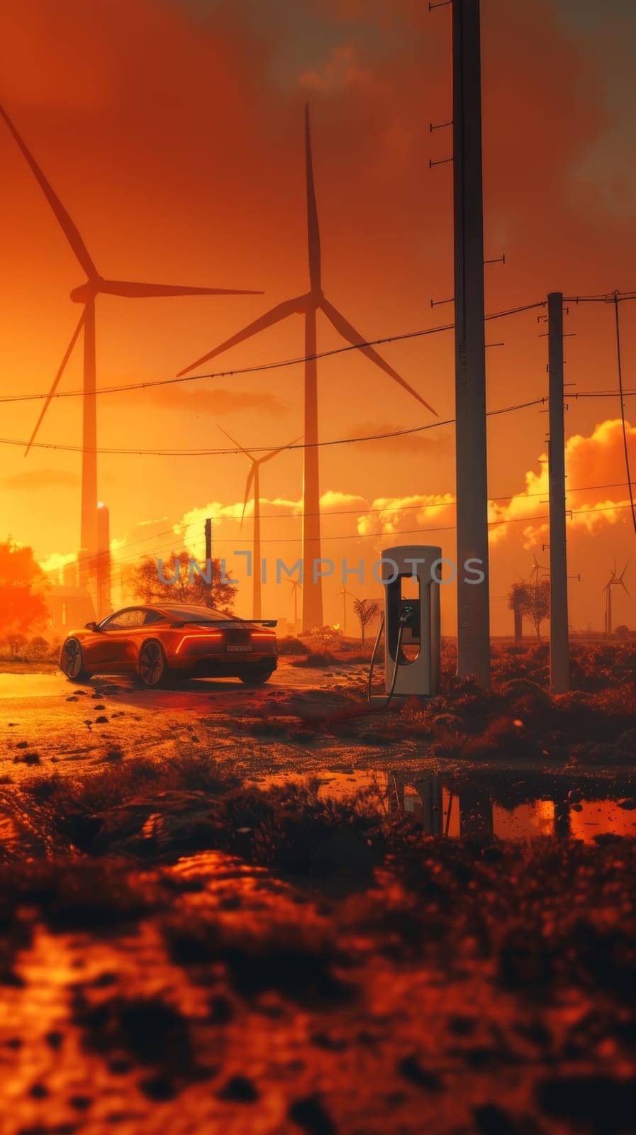 Electric vehicle charging amidst a field of wind turbines during a stunning orange-hued sunset. by sfinks