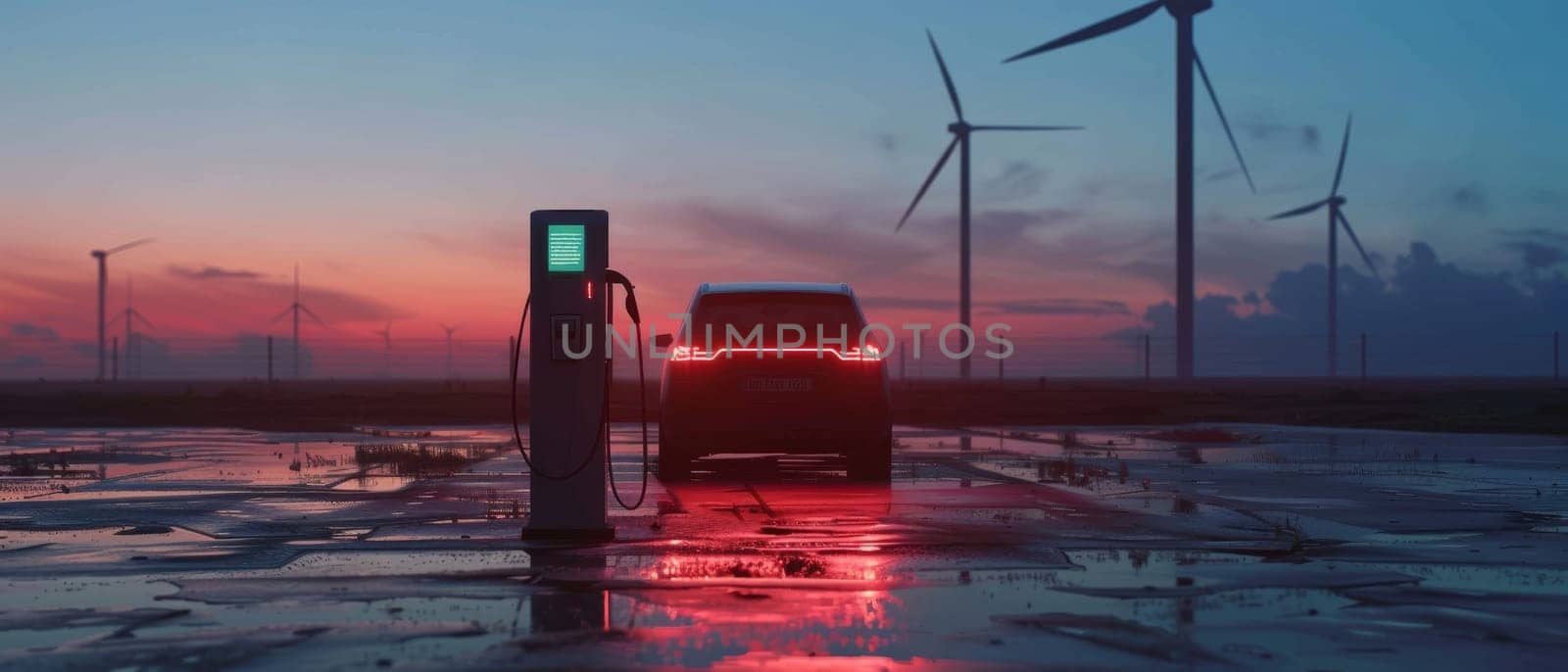 A solitary electric vehicle charges at a sleek station, highlighted by the ambient glow of a vibrant sunset with distant wind turbines silhouetted against the colorful sky