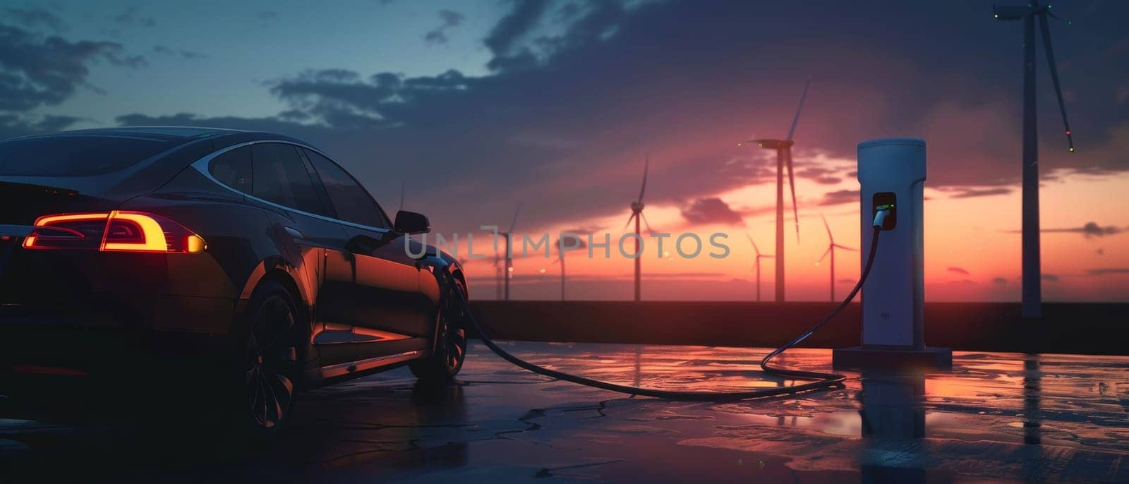 An electric car basks in the serene twilight, connected to a charging point with windmills stretching into the orange horizon
