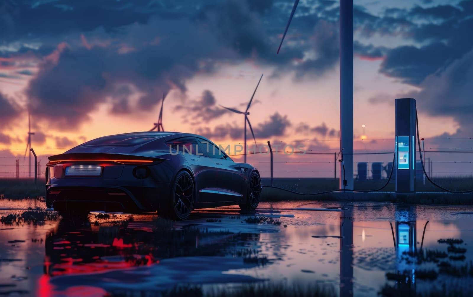 A sleek electric sports car charges at a station amidst reflective puddles, with wind turbines silhouetted against a fiery sunset
