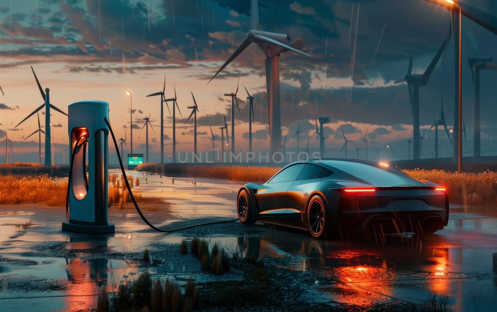 An electric vehicle connects to a charging point against a twilight backdrop, with windmills towering in the distance
