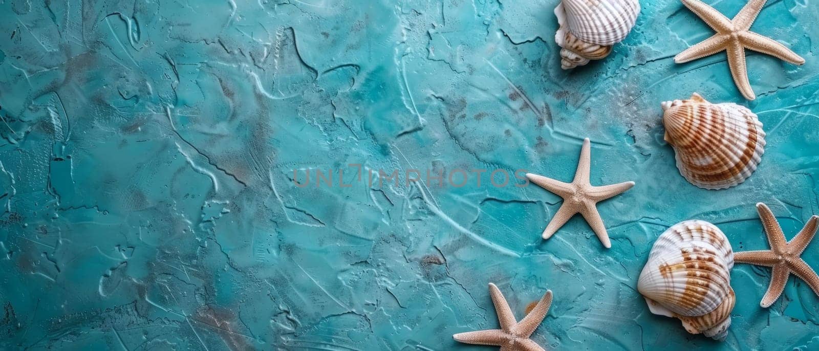 A variety of sea shells and starfish elegantly arranged on a textured turquoise background, providing ample copy space for text and advertising. Copy space for advertising, presentation product. by sfinks