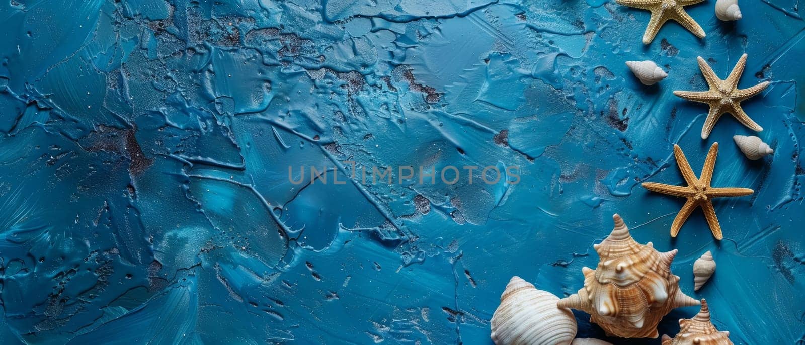This stock image captures a calm seascape essence with scattered shells and starfish on a serene blue backdrop, designed for versatile use. Copy space for advertising, presentation product or text