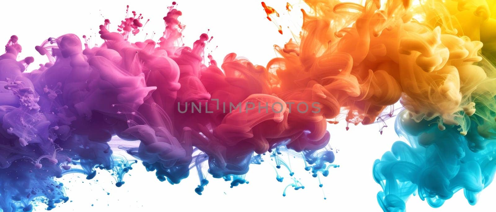 A panoramic display of ink clouds exploding in a wide spectrum of colors against a white backdrop, symbolizing diversity and energy. by sfinks