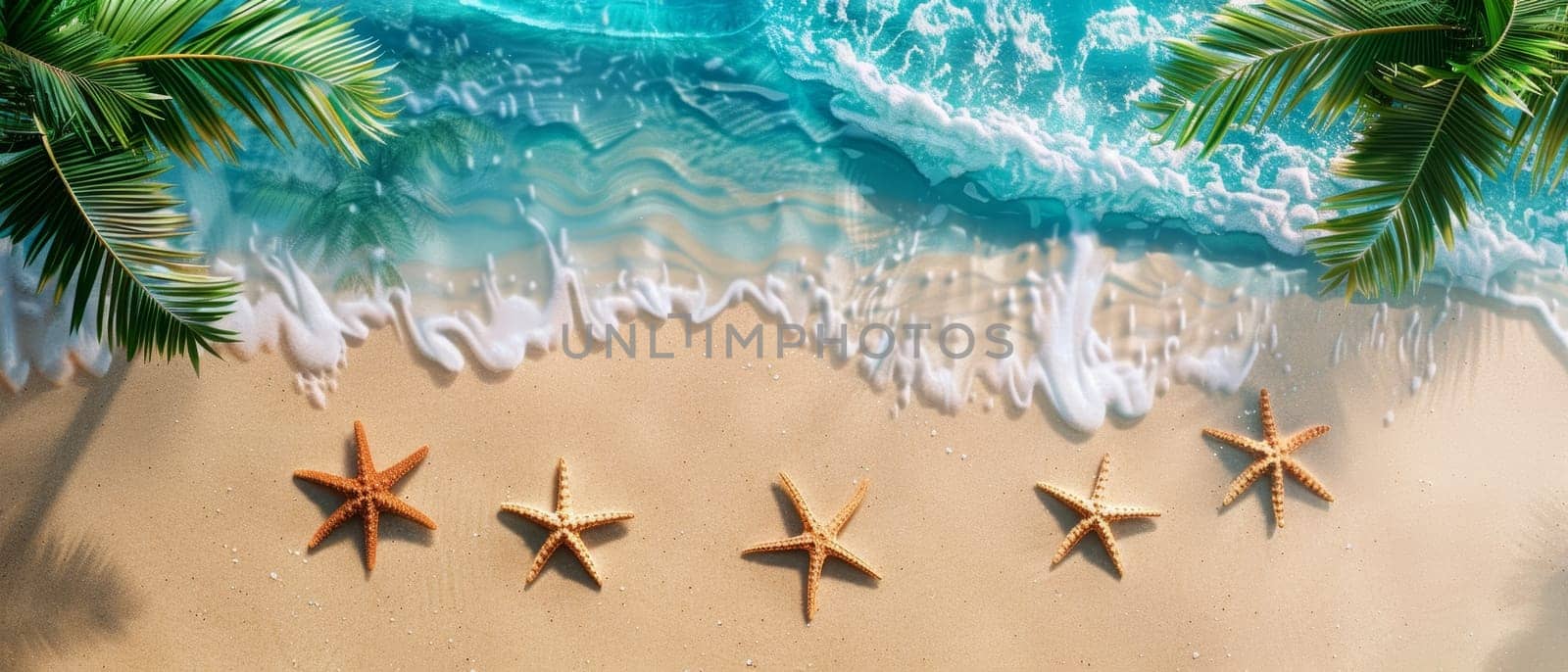 A tranquil beach scene with starfish on the sand and the calming shade of palm leaves at the water's edge. Copy space for advertising, presentation product or text