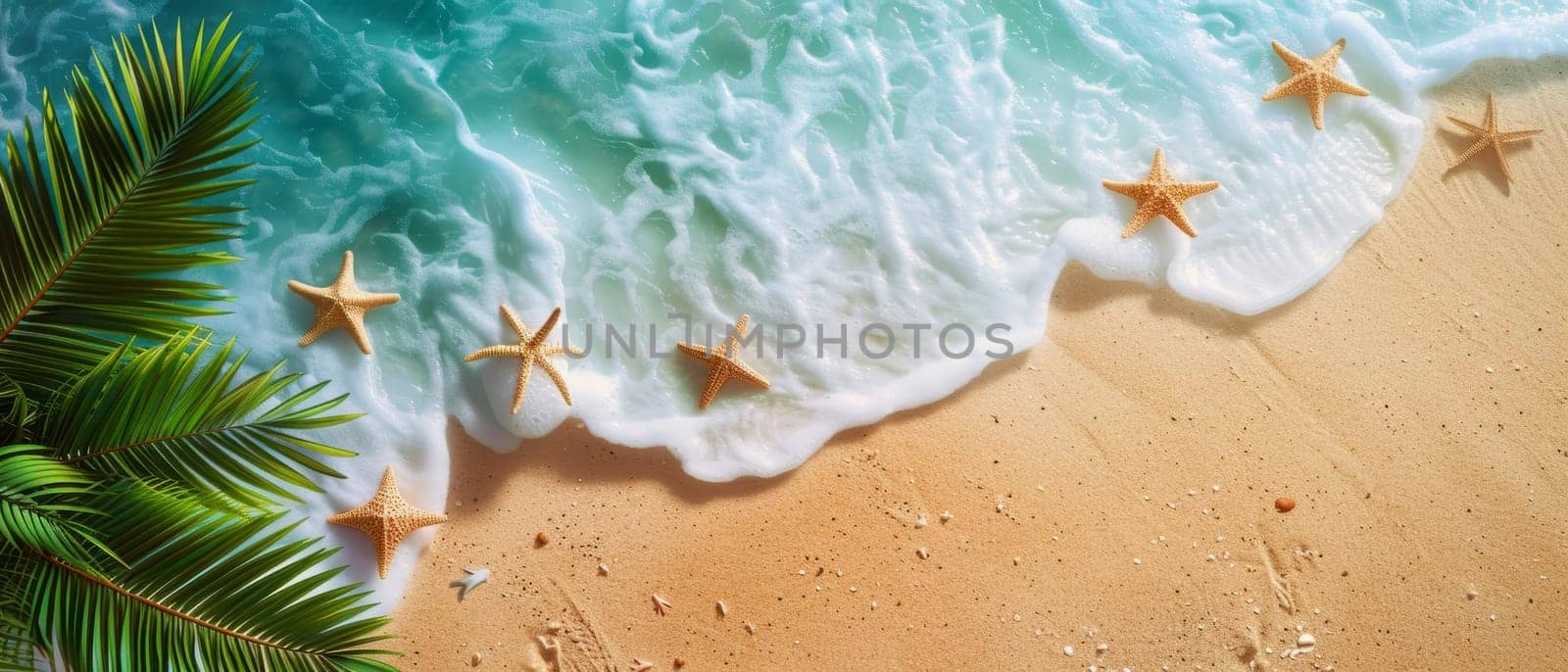 Pristine beach with turquoise waters, foamy waves, and starfish adorning the shore beneath palm fronds. Copy space for advertising, presentation product or text