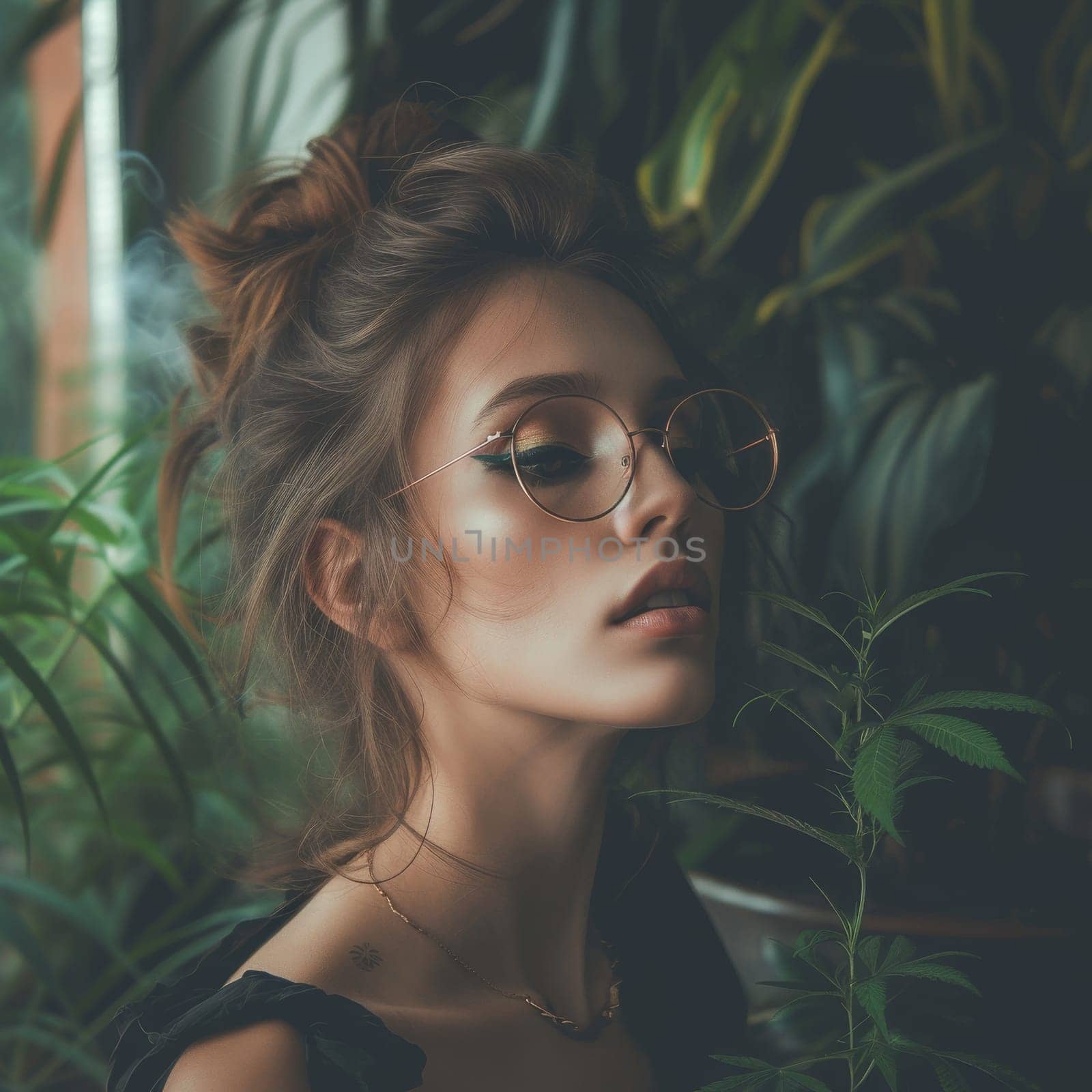 Portrait of a beautiful young woman, peacefully tending to her thriving marijuana plants in a serene, natural setting. by sfinks