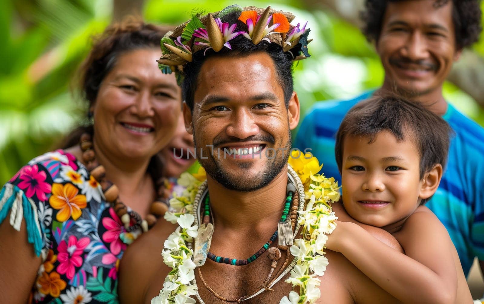 Portrait of a Samoan man with a bare torso and a traditional wreath, surrounded by his family in a natural setting