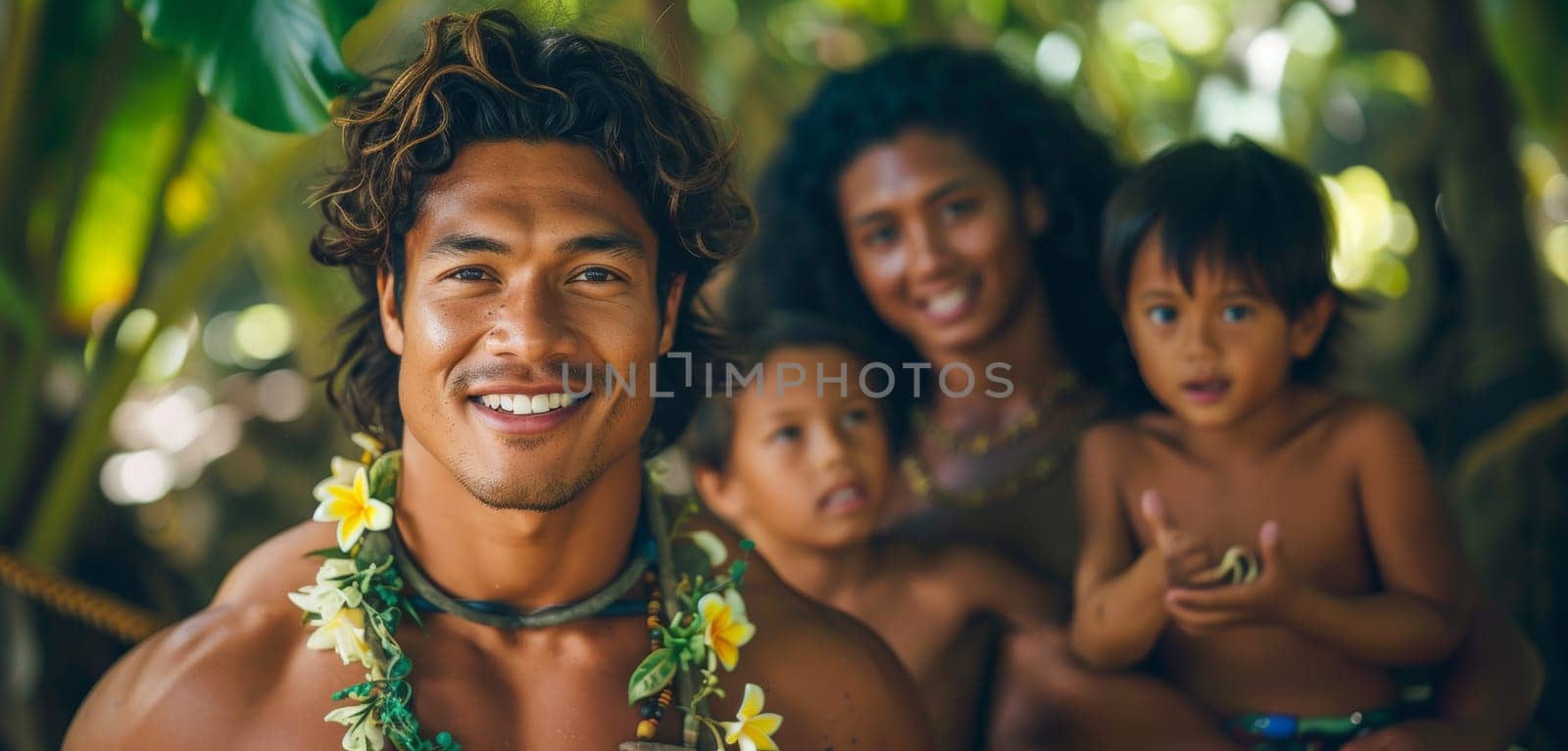 Authentic portrait of a bare-chested Tahitian man, with his family, showcasing their strong bond and rich cultural heritage