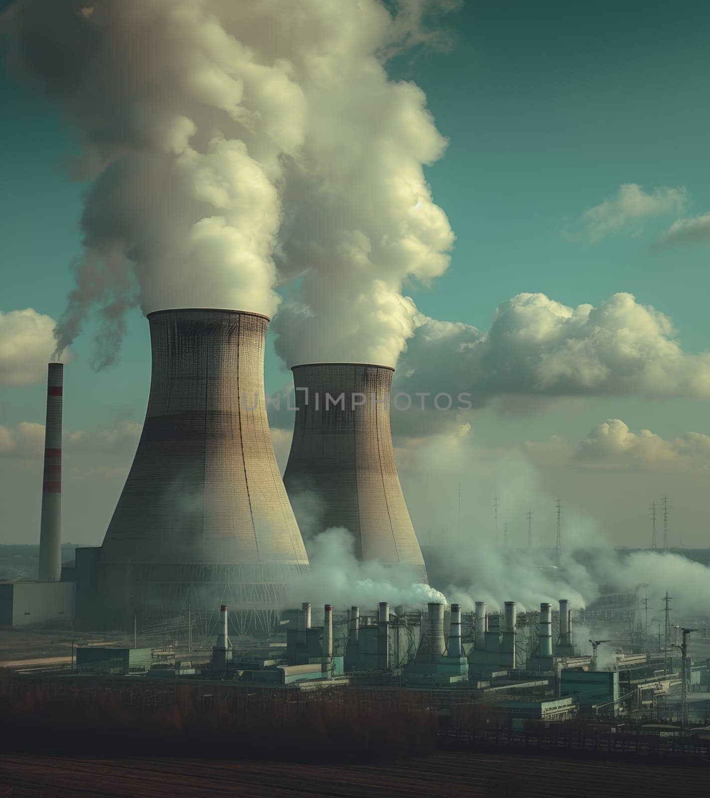 Smoke billows from the cooling towers of a nuclear power plant, a stark symbol of industrial energy production and its environmental impact. by sfinks