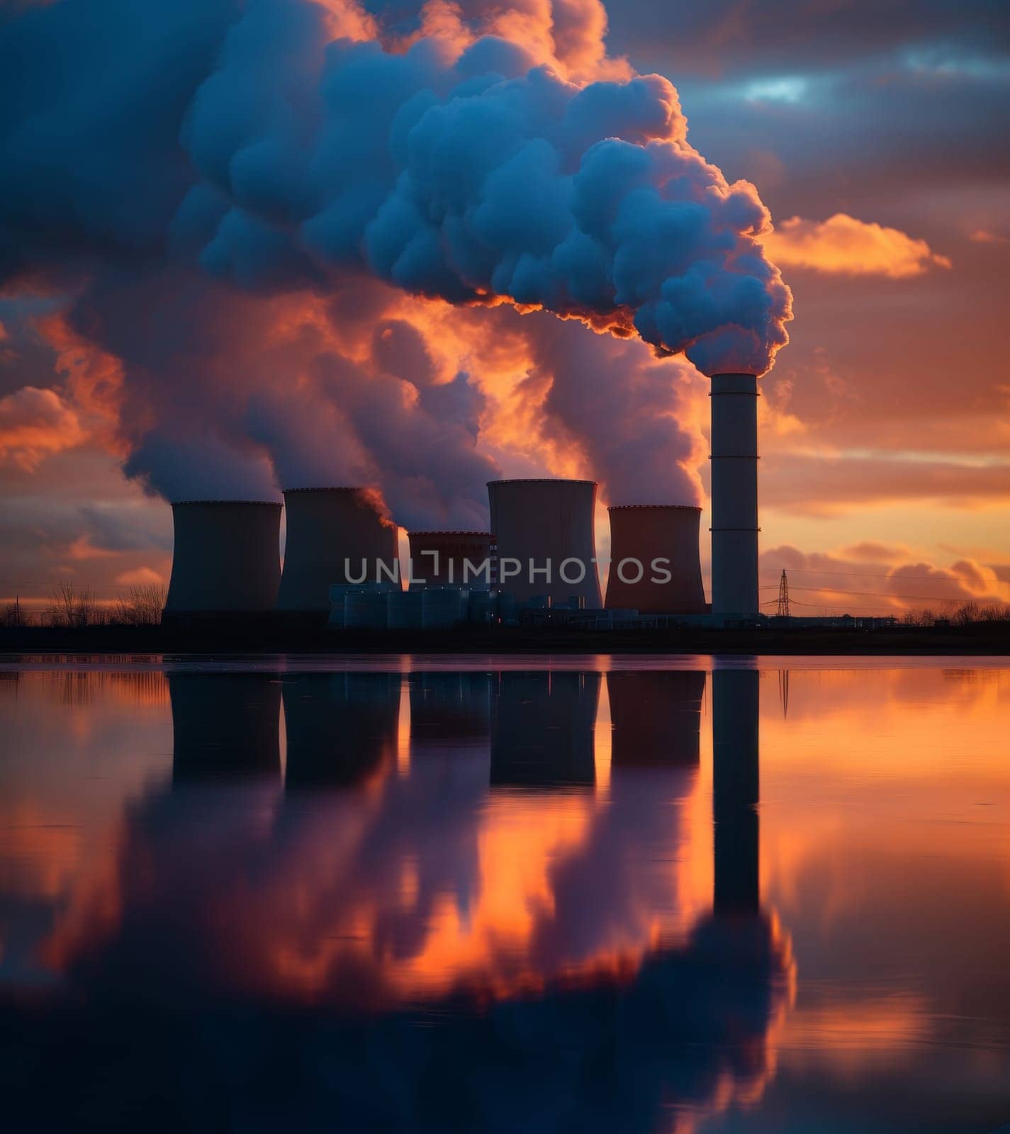 Power plant at sunset, emitting steam, reflected on a calm water surface, under a colorful sky. by sfinks