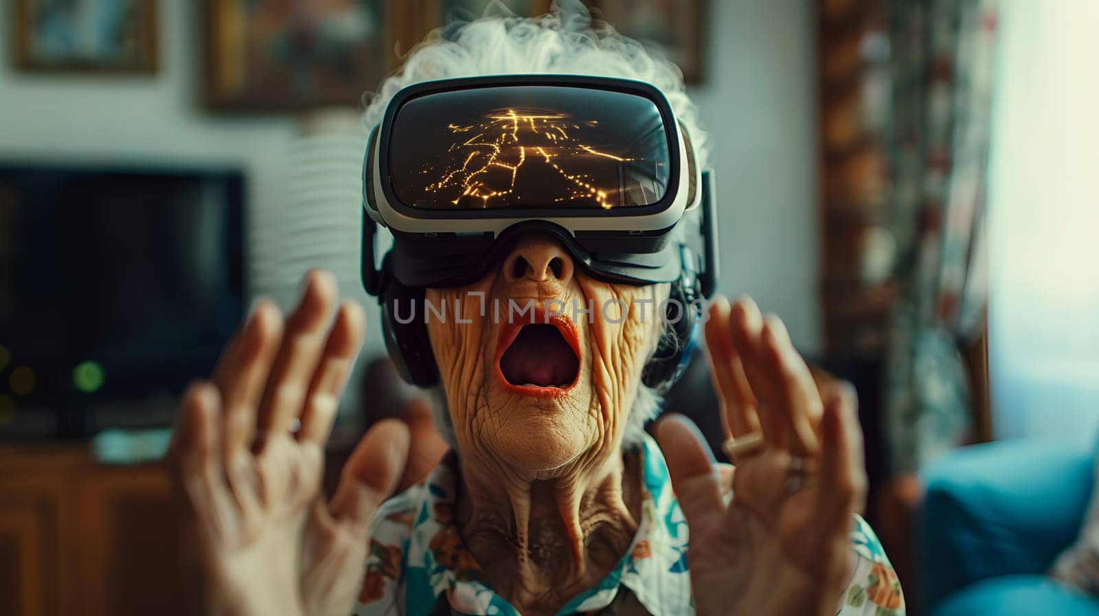 An elderly woman is wearing a virtual reality helmet for entertainment. She is making gestures with her thumb while experiencing a fictional character in a fun, immersive virtual event