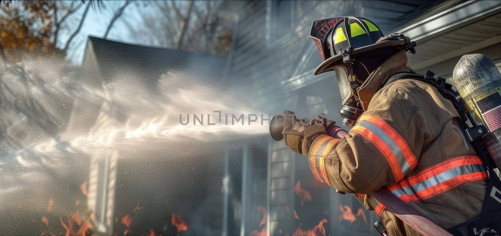 Firefighter in action, spraying water to extinguish flames engulfing a residential house, showcasing bravery and emergency response