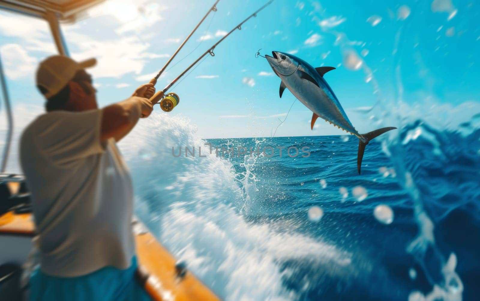 An adventurous man on a yacht skillfully reels in a big tuna, capturing the thrill and excitement of deep-sea fishing