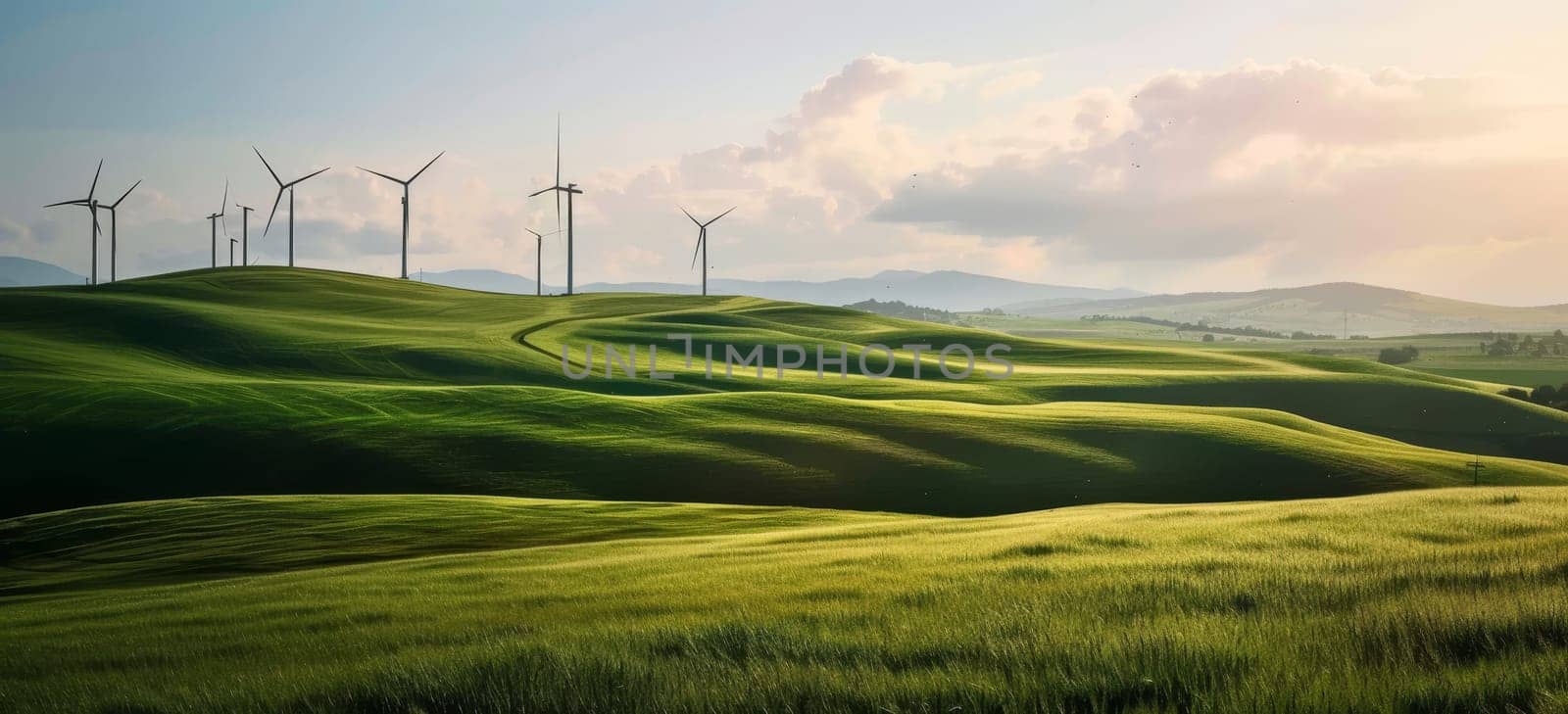 Wind turbines on green rolling hills under a cloudy sky, showcasing natural beauty and renewable energy
