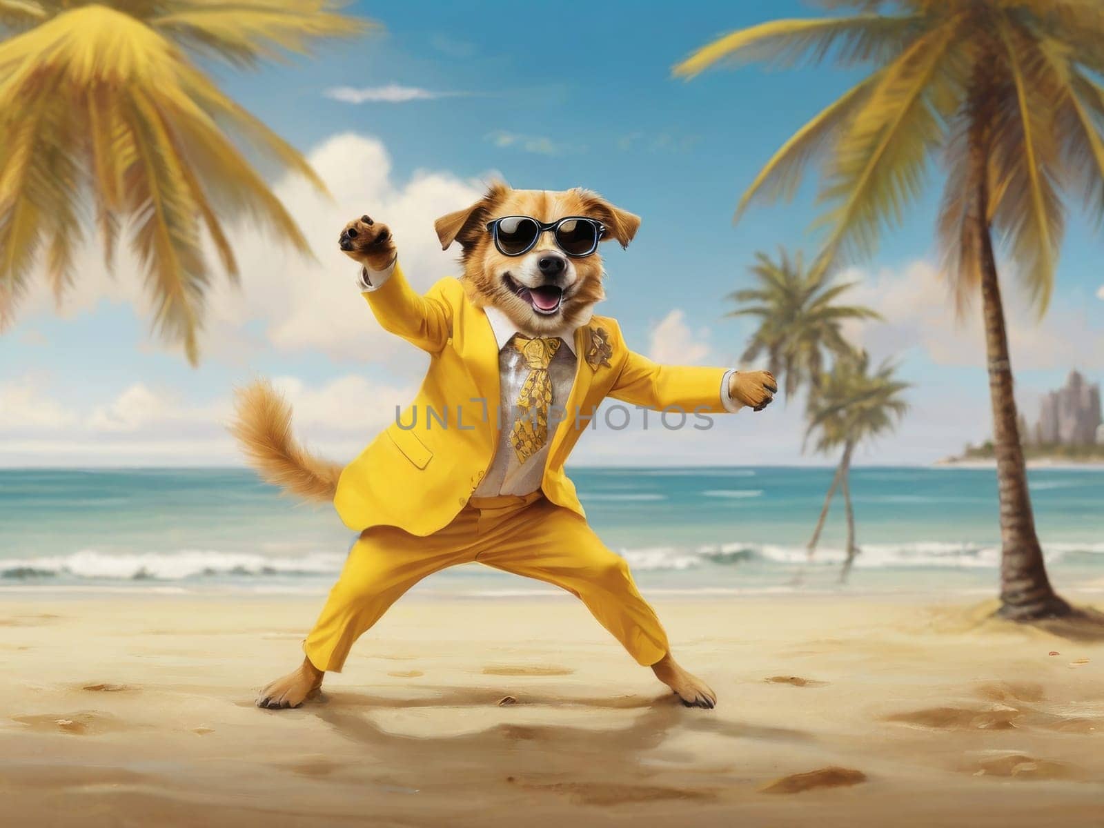 Summer dog character in a bright suit, hat and sunglasses dances on the beach by the sea. illustration with glamorous cartoon cheerful dog on the beach by Ekaterina34