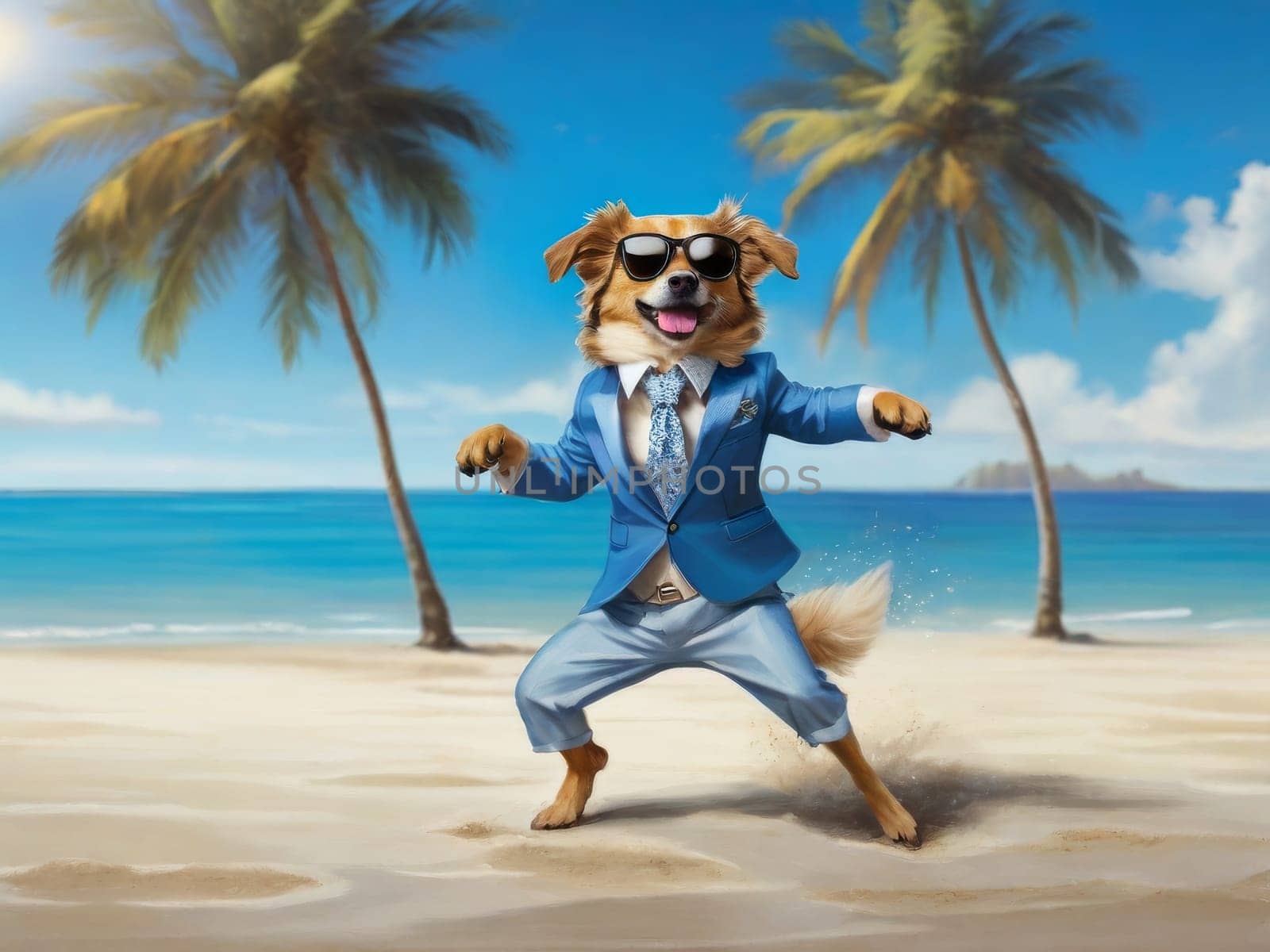 Summer dog character in a bright suit, hat and sunglasses dances on the beach by the sea. illustration with glamorous cartoon cheerful dog on the beach by Ekaterina34