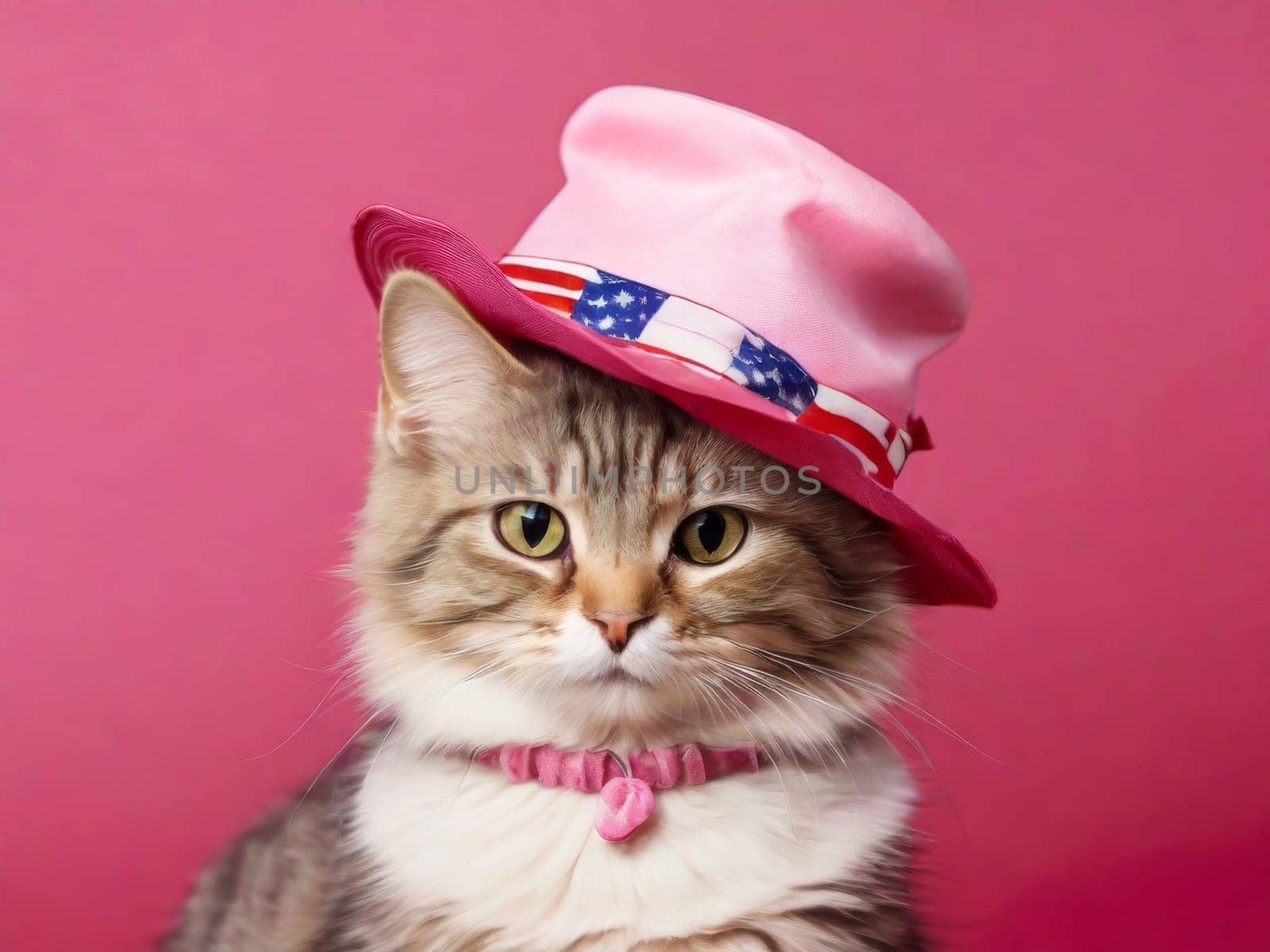 Glamorous cat wearing a hat in the color of the US flag on a pink background