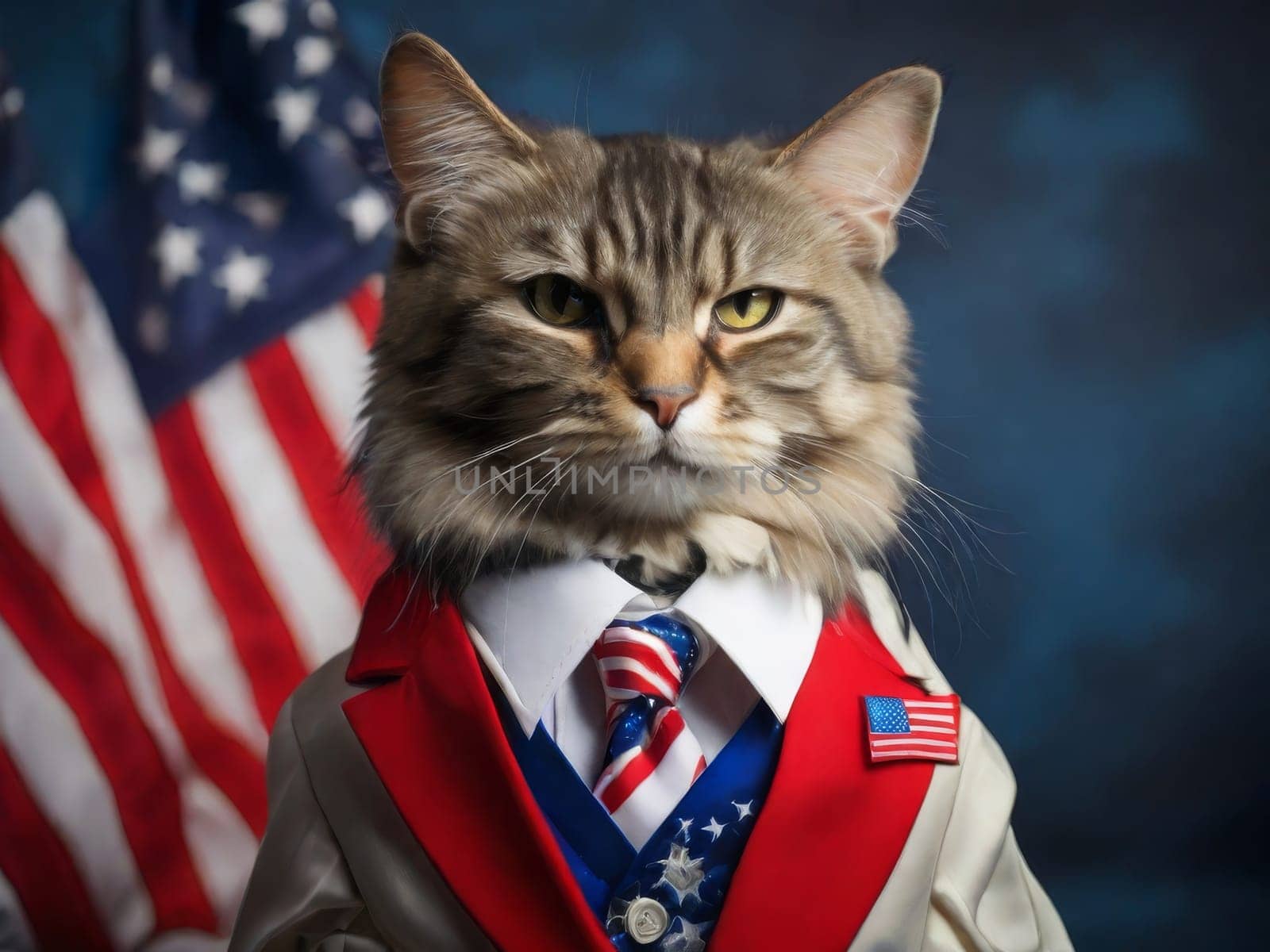Serious cat in a suit against the background of the US flag. US Independence Day by Ekaterina34