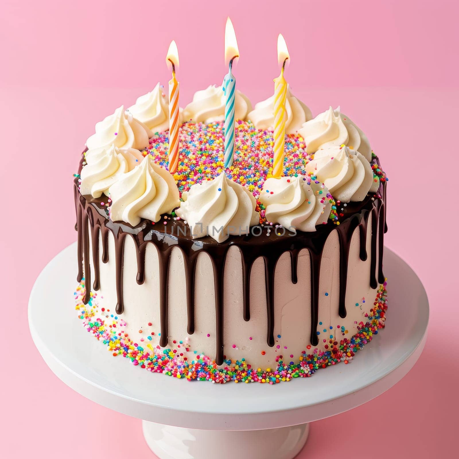 A colorful birthday cake with lit candles, creamy frosting, and sprinkles on a pink background