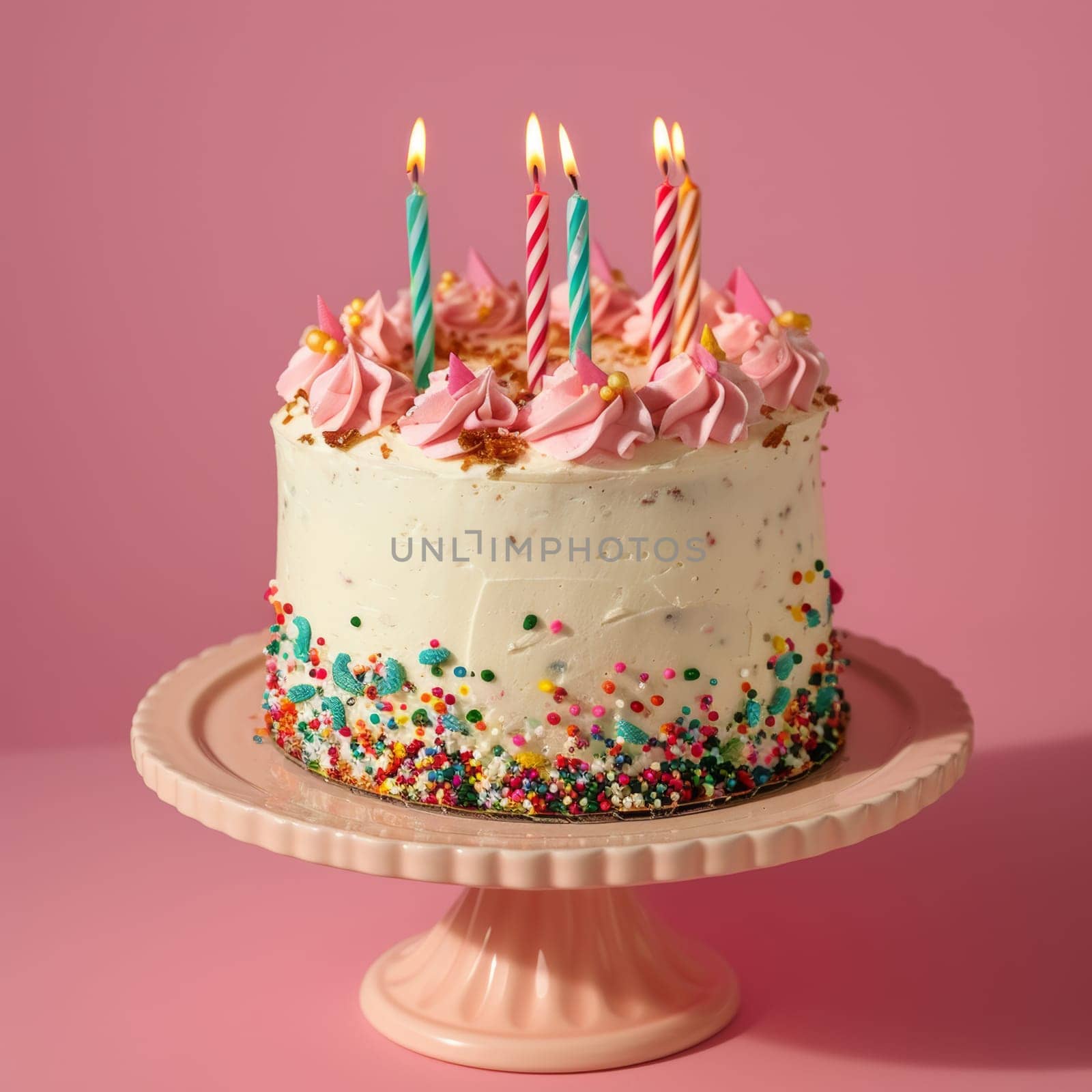 A delicious birthday cake with colorful sprinkles and a lit candles on a vibrant pink background